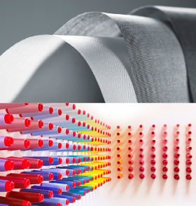 Composite image with two sections: the top shows curved layers of textured gray woven fabric; the bottom displays rows of colorful thread spools arranged in a gradient from purple and blue to yellow, orange, and red, with the spools decreasing in size toward the right.