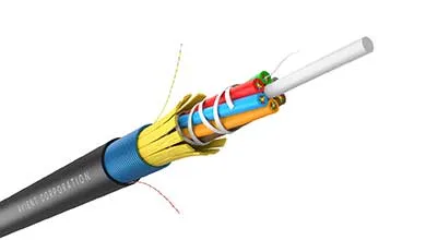 Cutaway view of a black Avient Corporation cable, showing blue and yellow insulation layers around a core of multi-colored wires and a white central filament.
