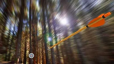 An arrow with orange fletching flies through a blurred forest toward a distant target.