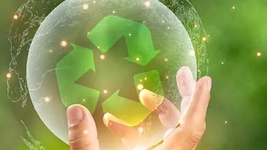 Hand holding a transparent sphere with a green recycling symbol, set against a blurred forest background.