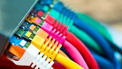 Close-up of brightly colored Ethernet cables plugged into a network switch.