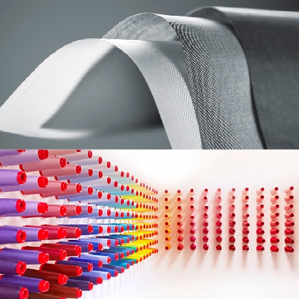 Composite image with two sections: the top shows curved layers of textured gray woven fabric; the bottom displays rows of colorful thread spools arranged in a gradient from purple and blue to yellow, orange, and red, with the spools decreasing in size toward the right.