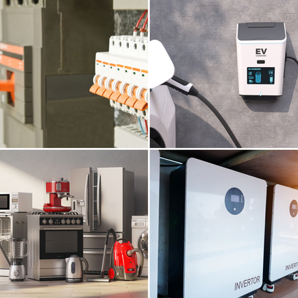 Four-panel collage showing a circuit breaker panel, an electric vehicle charging station, various home appliances, and two power inverters.