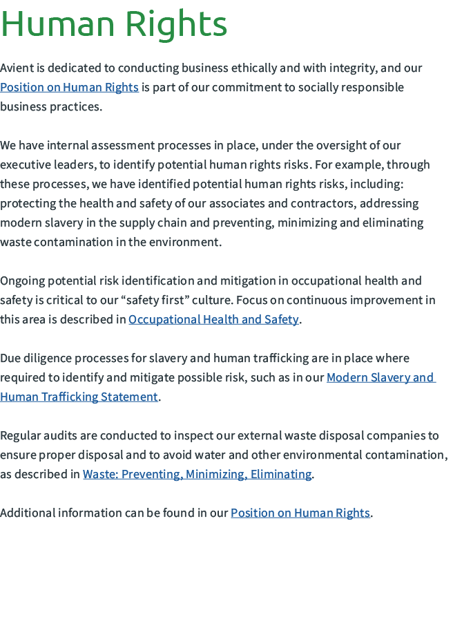 Human Rights Avient is dedicated to conducting business ethically and with integrity, and our Position on Human Right...