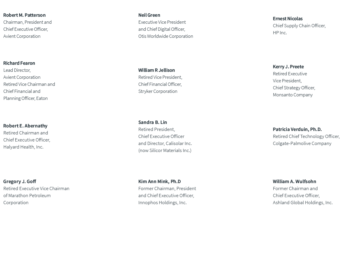 Robert M. Patterson Chairman, President and Chief Executive Officer, Avient Corporation,,Neil Green Executive Vice Pr...